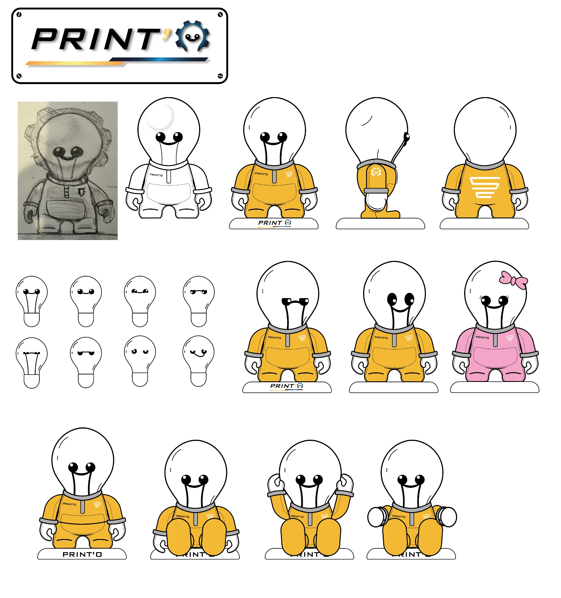 Sassi Conception — planche de création de la mascotte Printo